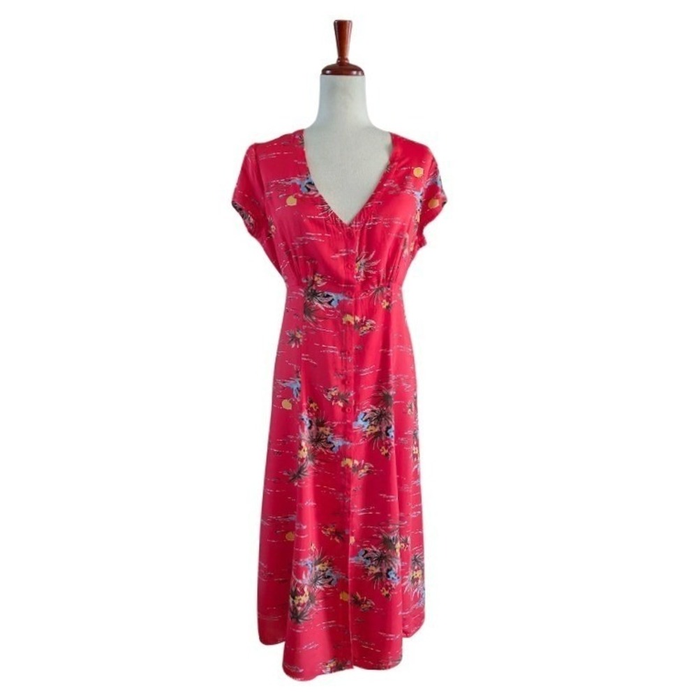 Reformation Jeans Red Tropical Palm Tree Print Button Front Midi Dress Size M